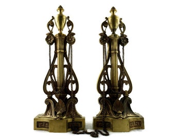 French Brass Andirons, Antique Brass Andirons, Brass Fireplace Decor