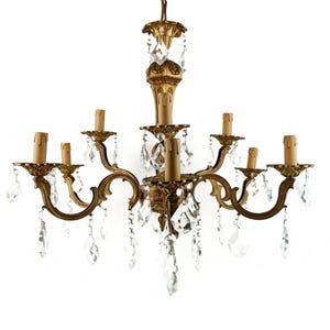 Antique Large Chandelier With Glass Pendants Decoration, Vintage Brass Chandelier With 8 Lamps