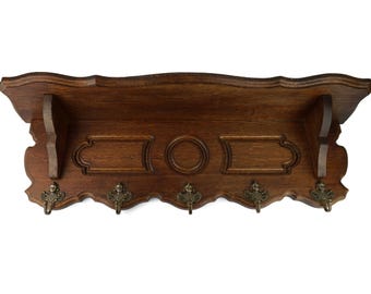 Antique Coat Rack, Carved Coat Rack, Wooden Large Coat Rack With Brass Hooks