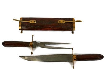 Vintage Besteck-Set-Messer und Gabel mit geschnitztem Holzkasten
