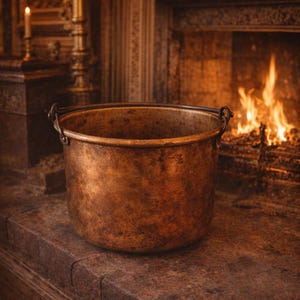 Puede incluir: Un gran caldero de cobre con dos asas. El caldero tiene un aspecto envejecido y un color marrón cálido. El fondo presenta una chimenea con fuego, creando un ambiente acogedor y rústico. Ideal para cocinar.