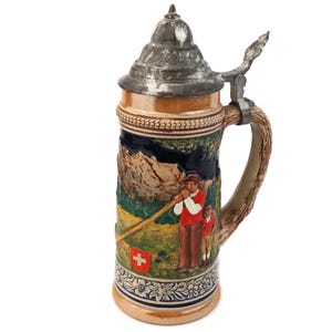 Vintage GERZ Beer Stein, Swiss Alpine Scene, Ceramic & Pewter Lid, Made in Germany, Ceramic Tankard Beer Mug, October Fest Beer Mug
