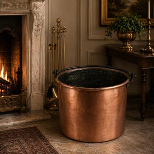 May include: A large, cylindrical copper bucket with a polished metallic finish and a dark, weathered interior. The vessel features a sturdy, curved black metal handle attached to the sides with prominent rivets, creating a functional design.