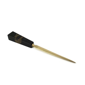 Abrecartas de latón antiguo con mango de mármol negro y marrón, accesorio para tintero, decoración de escritorio