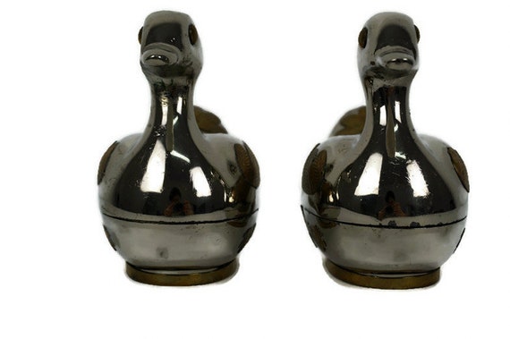 Pair Metal Jewelry Box Duck Figurine, Vintage Met… - image 3