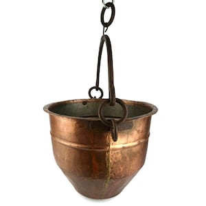 Olla colgante de cobre para fogatas del siglo XIX, sartén antigua de cobre con mango de hierro, decoración para chimenea