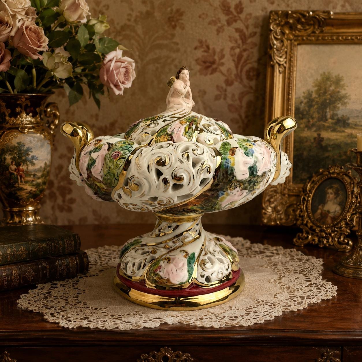 ヴィンテージ Capodimonte イタリア製 大型双耳花瓶 金彩 立体ローズ Capodimonte Double Handle Vase - Etsy