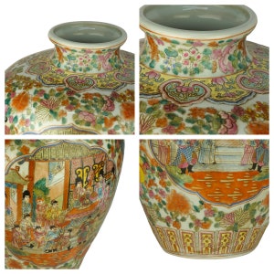 May include: A large, white porcelain vase with a floral and figural design. The vase is decorated with a scene of people in traditional Chinese clothing, as well as flowers, birds, and geometric patterns. The vase has a wide mouth and a rounded body.