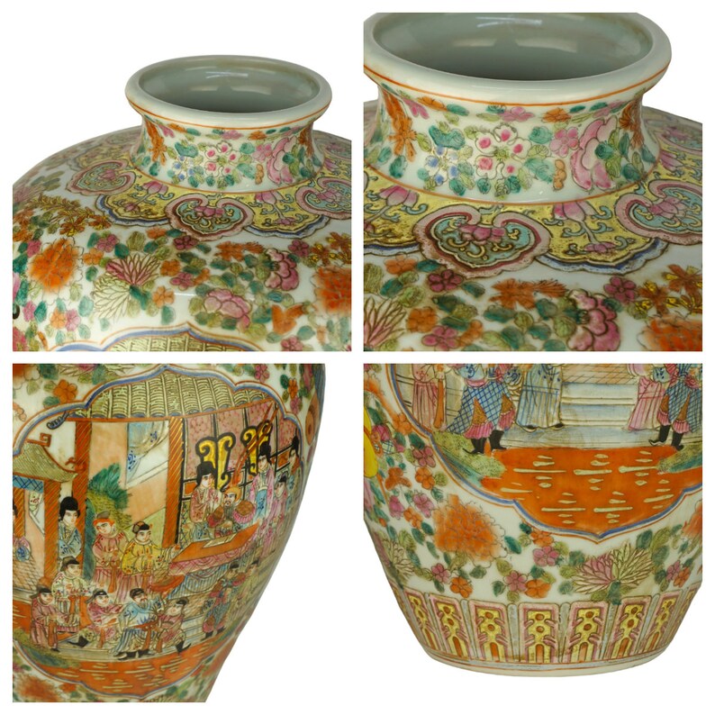 May include: A large, white porcelain vase with a floral and figural design. The vase is decorated with a scene of people in traditional Chinese clothing, as well as flowers, birds, and geometric patterns. The vase has a wide mouth and a rounded body.