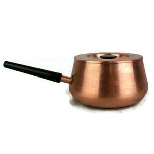 May include: A copper pot with a black handle and a lid. The pot has a rounded shape and a smooth, shiny surface.