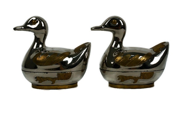 Pair Metal Jewelry Box Duck Figurine, Vintage Met… - image 2