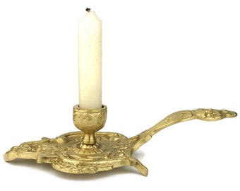 Antique Brass Candle Holder With Handle, Vintage Brass Candlestick, French Home Decor, Portable Candle Light