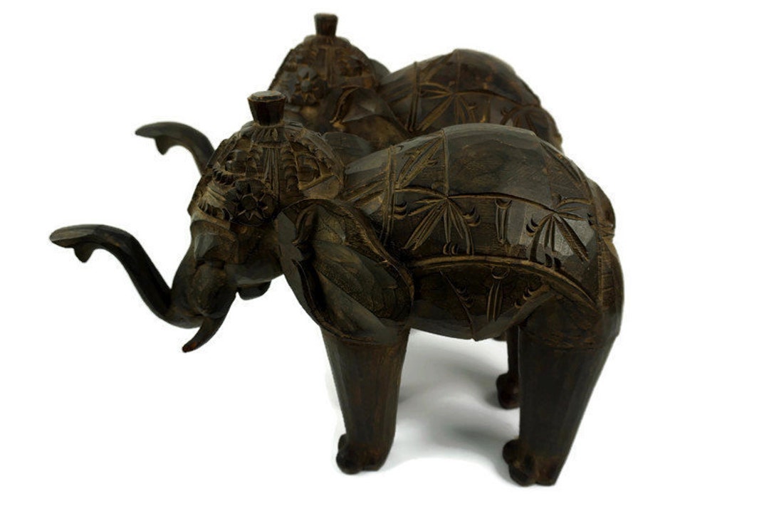 Large Wooden Elephant Figurines Wooden Large Carved Pair Etsy