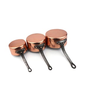 French Copper Saucepans Set of 3 With Iron Handles, Solid Copper Saucepan Set, Copper Cooking Pans Set