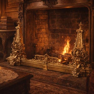 May include: An elaborate gold fireplace screen with intricate designs, positioned before a brick fireplace with a burning fire. The room has a warm, inviting atmosphere with a vintage style. A cosy setting.