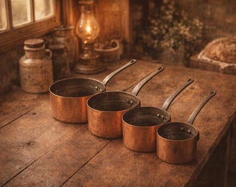Juego de 4 cacerolas francesas de cobre con mangos de hierro, sartenes profesionales de cobre para cocinar.