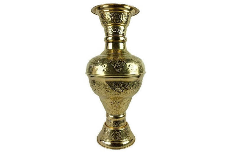 Antique Brass Vase, Extra Large Vase, Brass Engraved Vase image 1
