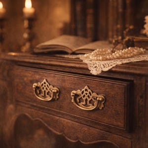 Puede incluir: Una cómoda de madera oscura con tiradores de cajón de latón ornamentados. Un collar de perlas descansa sobre un tapete de encaje, junto a un libro abierto. Velas encendidas y libros antiguos en el fondo.