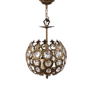 Antique Chandelier With Glass Decoration, Vintage Brass Ceiling Lamp
