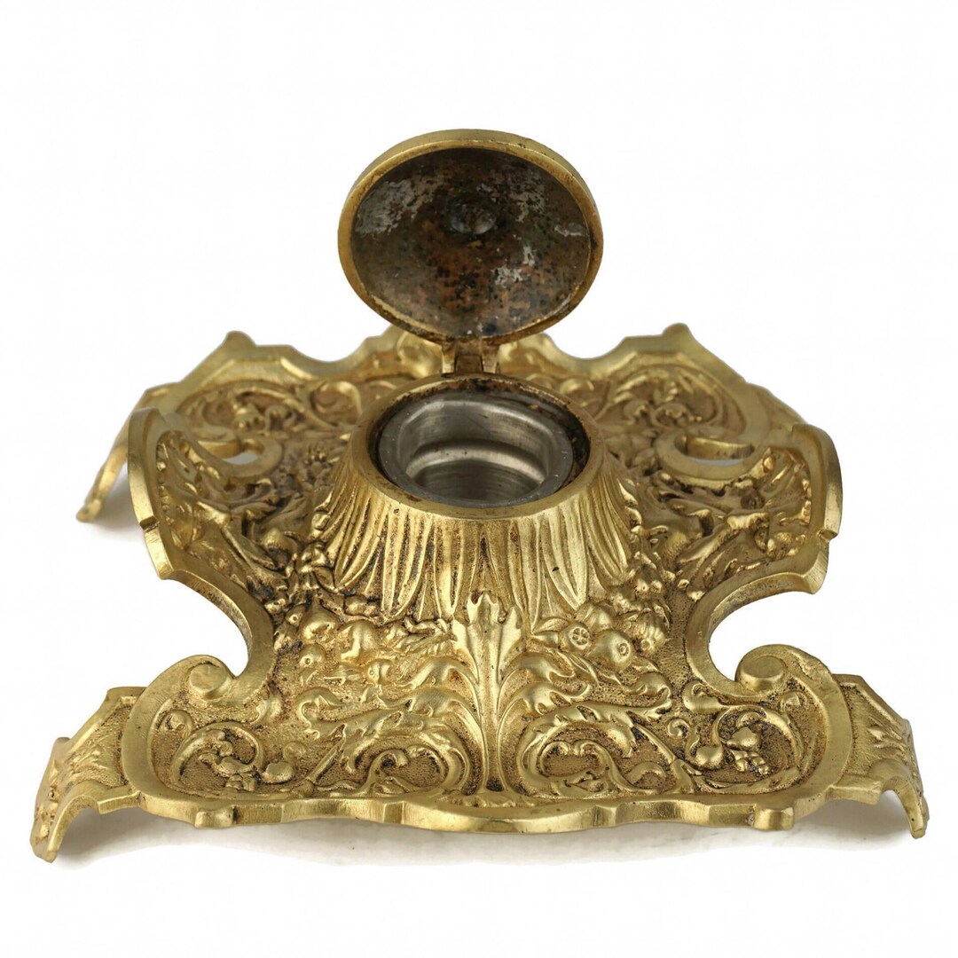 19th Century Brass Inkwell, Antique Brass Inkwell, Large Brass Inkwell ...