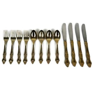 Vintage Dessert Dinnerware Utensil Set of 12, Bronze Nickel Utensil Set 4 Spoons 4 Forks and 4 Knifes