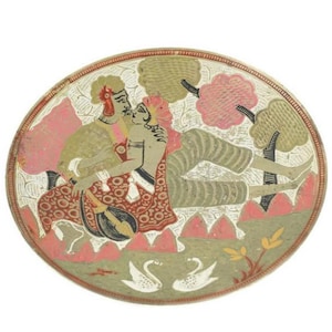 Vintage Hand Painted Indian Brass Wall Plate, Wall Hanging Brass Plate
