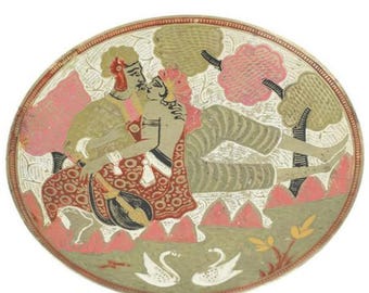 Vintage Hand Painted Indian Brass Wall Plate, Wall Hanging Brass Plate
