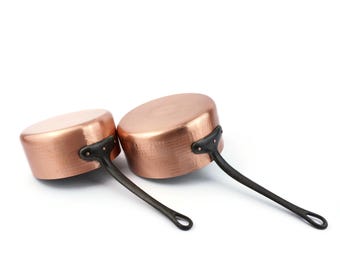 ヴィンテージ銅製ソースパン5個セット、内側はアルミニウム、ハンドル