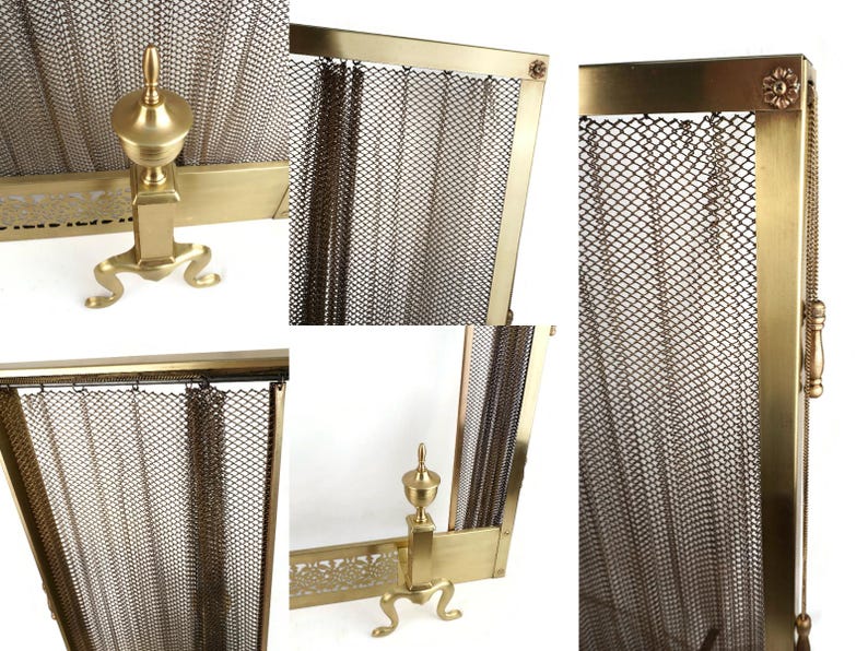 Retractable Brass Fireplace Screen With Andirons, 19th Century Fire ...