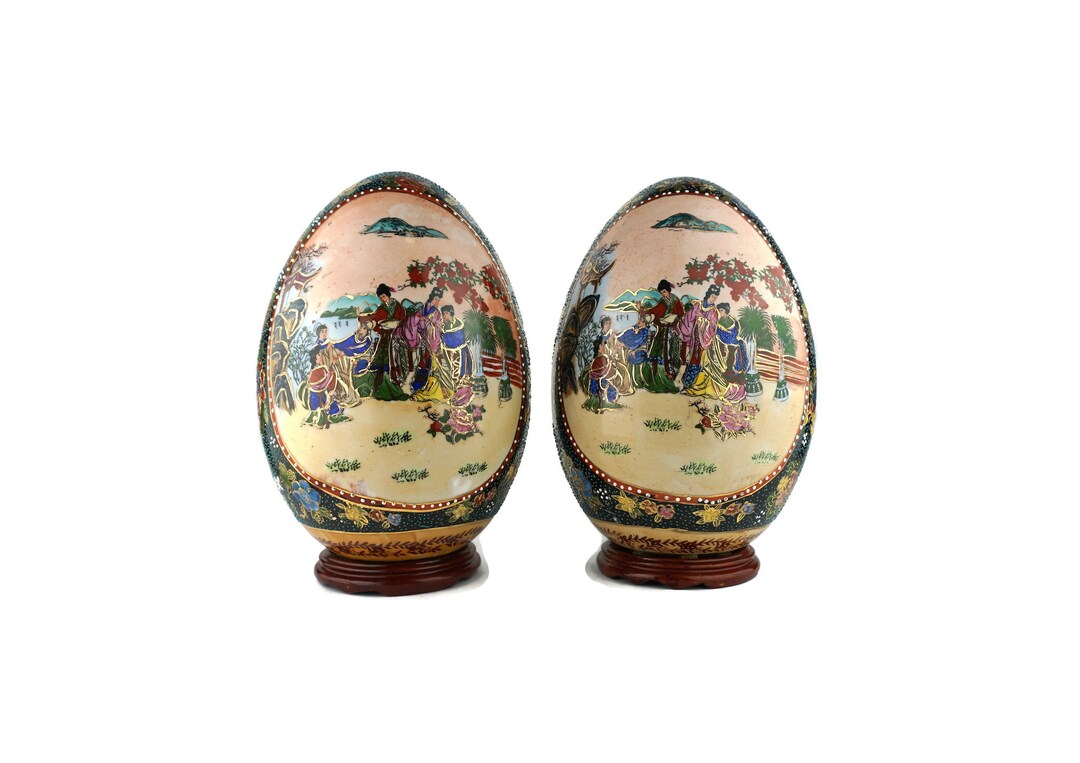 Large Satsuma Porcelain Egg Set Japan, Japanese Porcelain Eggs Satsuma
