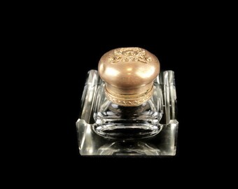 19 世紀のガラス製インク壺、アンティークガラス製インク壺、テーブル