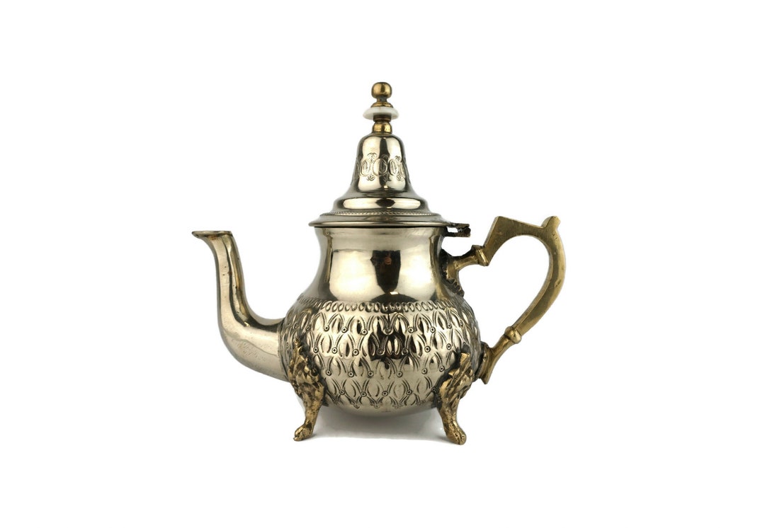 Antique Moroccan Tea Pot, Engraved Moroccan Tea Pot With Bronze Handles