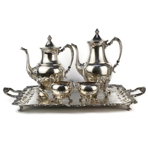 Sheridan Silver Plated Coffee Set, Silver on Copper Tea Set With Tray, Sheridan Silver Co USA Coffee Tea Set With Tray, Made In America