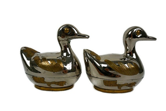 Pair Metal Jewelry Box Duck Figurine, Vintage Met… - image 6