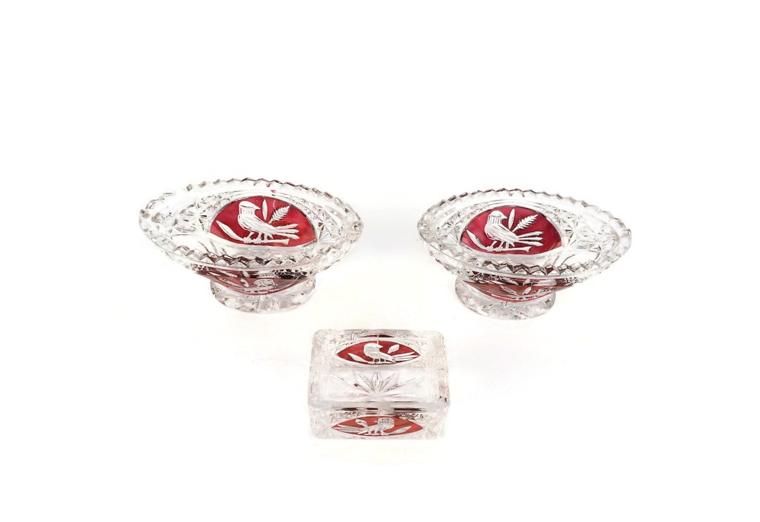 Vintage Crystal Bowls Set, Crystal Bowls With Red Birds, Crystal Red