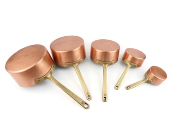 Franse koperen steelpannen set van 5 met messing handgrepen, koperen kookpannenset