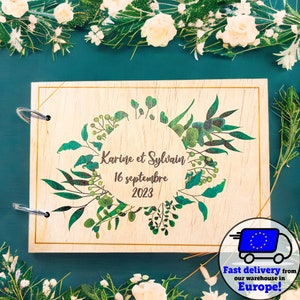 Wedding guest book, alternative unique guestbook, green foliage eucalyptus, wooden guest book, rustic wedding, personalised guest book, gift