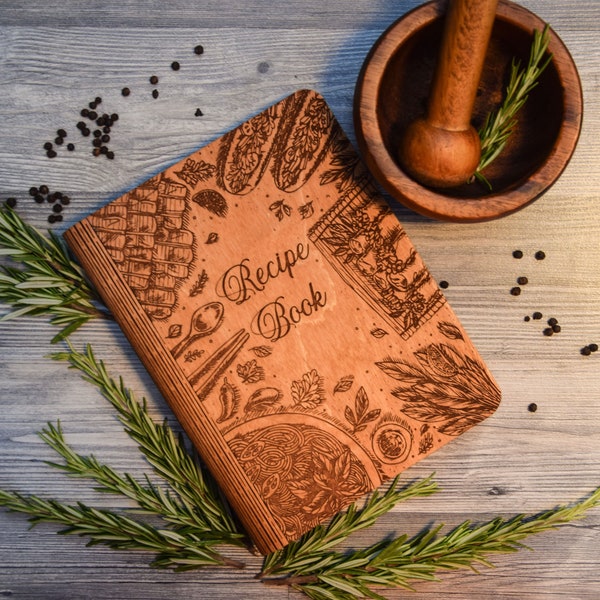 Personalized Wooden Recipe Book Binder, Engraved Cookbook Journal