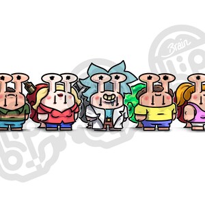 May include: A group of six cartoon snails with two eyes each. The snails are wearing different outfits and have different hairstyles. The snail in the middle is wearing a white lab coat and has blue hair. The snails are standing in a row on a white background.