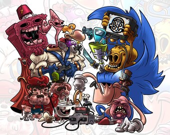 May include: A colorful cartoon illustration featuring a variety of stylized characters. The artwork includes a blue hedgehog, a skull-like figure, and other whimsical creatures, all rendered in a vibrant, comic book style. The background is a pattern of similar characters.