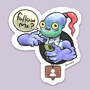 May include: A blue and green cartoon character with a pink ponytail holds a smartphone and points to it with one hand. The character is wearing a white shirt and has a stitched mouth. A speech bubble above the character says "follow me?" and a brown social media icon with a white person icon is below the character. The text "@brainblips" is below the icon.