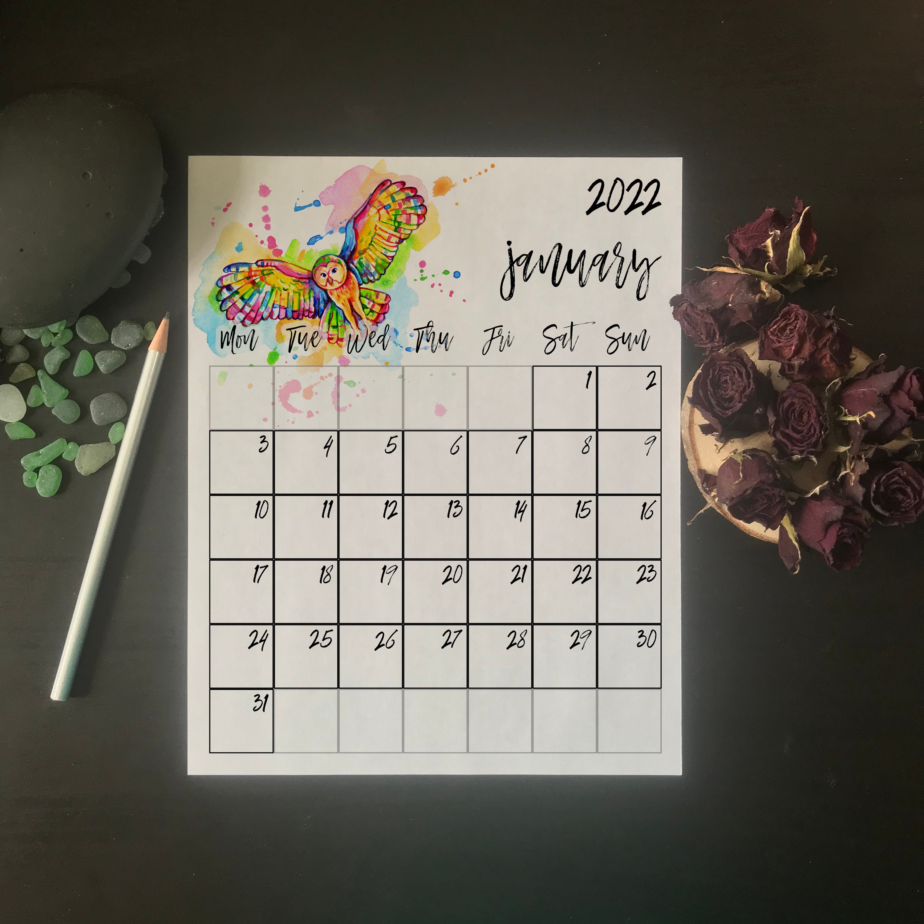 Owl Calendar 2023 Owl Monthly Wall Calendar 2022 Mon Sun Printable Rainbow | Etsy Australia