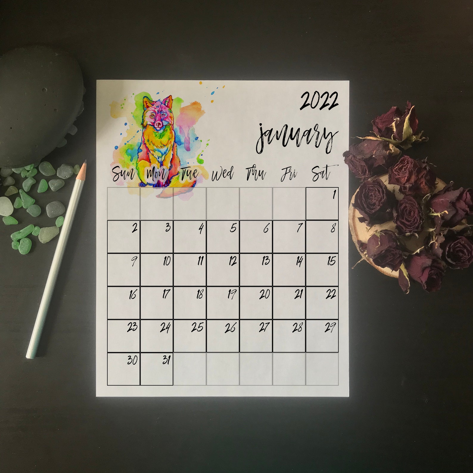 fox monthly wall calendar 2022 sun sat printable rainbow