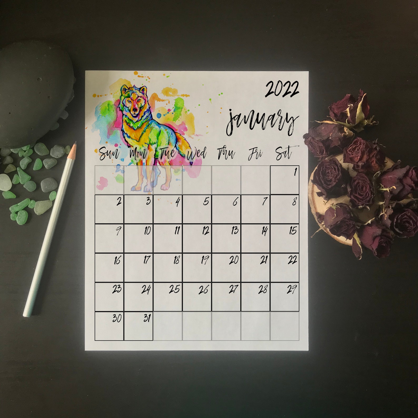 wolf monthly wall calendar 2022 sun sat printable rainbow
