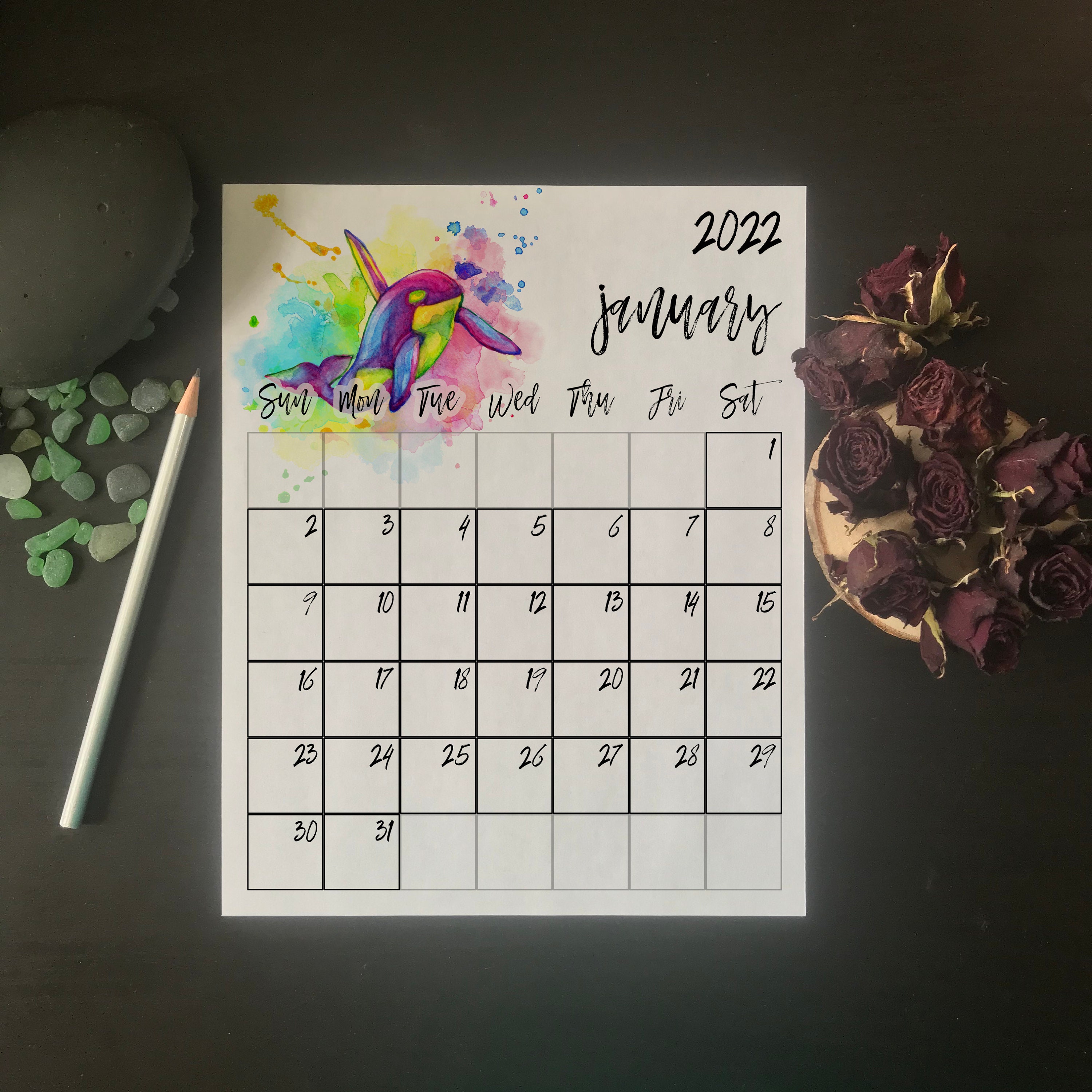 Orca monthly wall calendar 2022 Sun Sat Printable Rainbow | Etsy