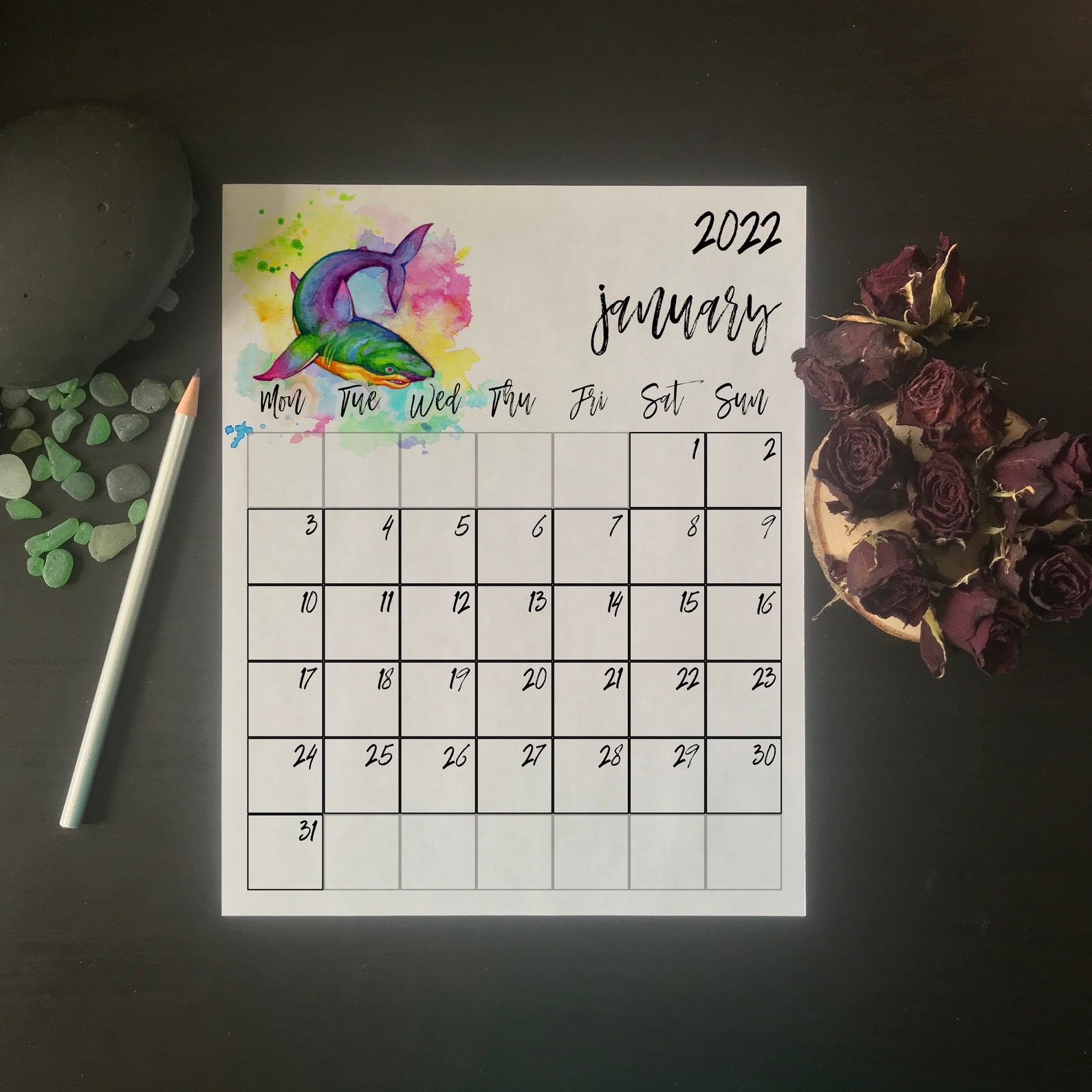 Shark monthly wall calendar 2022 Mon Sun Printable Rainbow Etsy