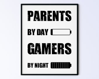 Funny New Parent Gift Idea, Video Game Poster, Printable Wall Art Gamer Print, parents by day gamers by night, battery, DIGITAL DOWNLOAD