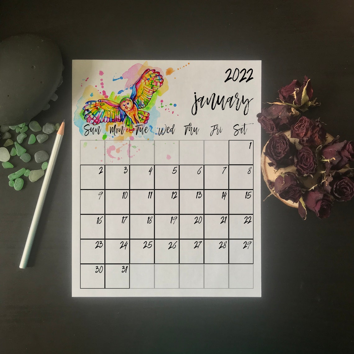 owl monthly wall calendar 2022 sun sat printable rainbow