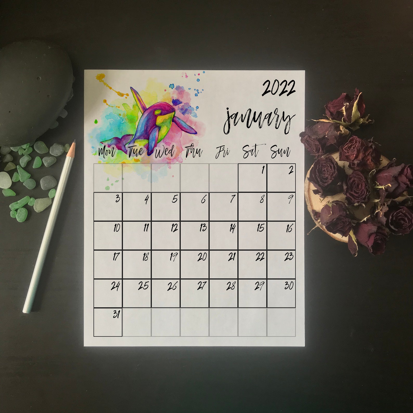 orca monthly wall calendar 2022 mon sun printable rainbow