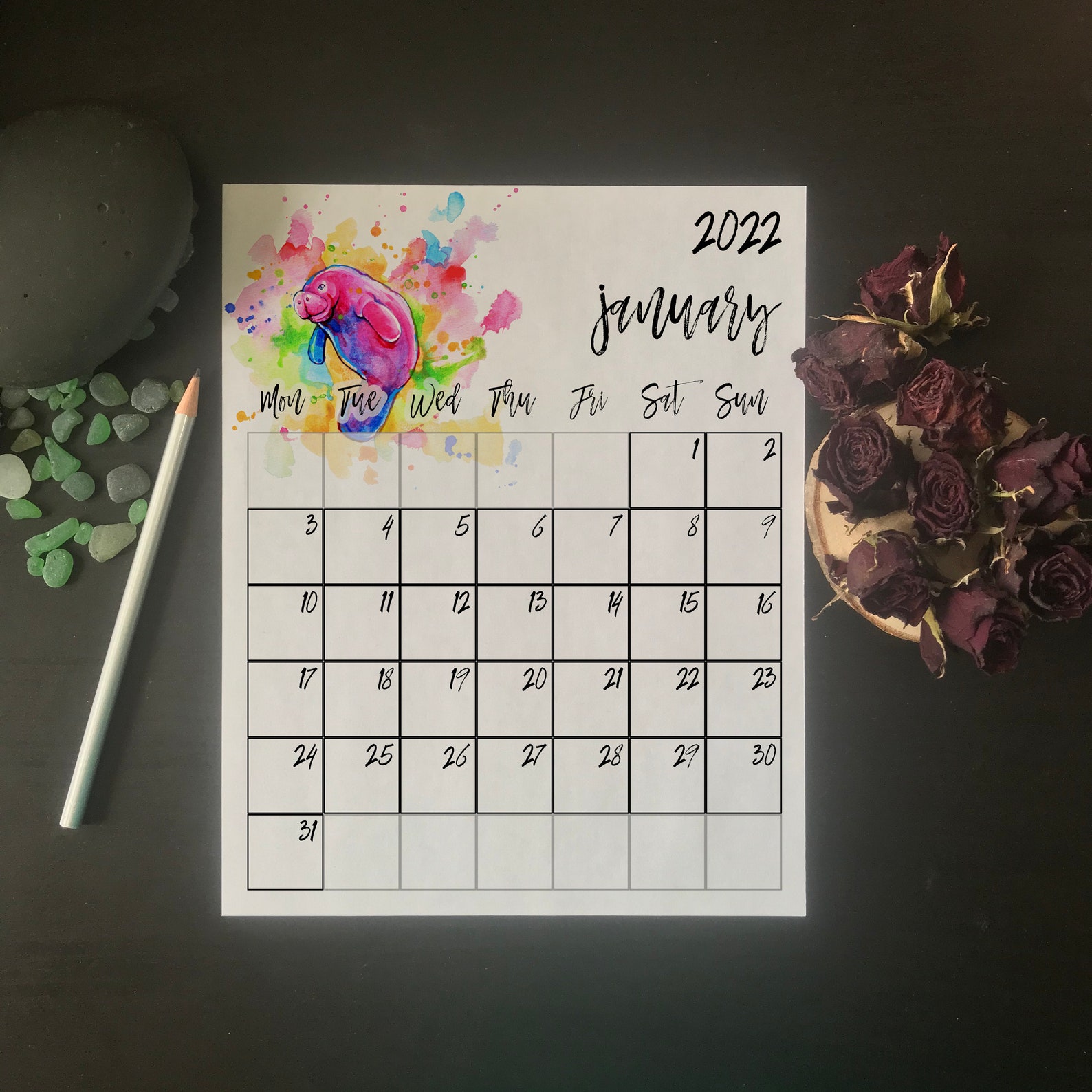 Manatee Monthly Wall Calendar 2022 Mon Sun Printable - Etsy UK